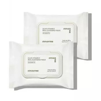 Innisfree Салфетки для умывания Olive Vitamin E Real Cleansing Tissues 30 листов, 2 шт., корейская косметика
