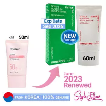 [INNISFREE] Tone Up No Sebum Солнцезащитный крем EX 60 мл (SPF50 + / PA ++++) 1pc + Sample Gifts
