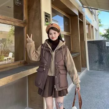 Иностранная торговля, поддельные две части для женщин 2024 года, зимняя новая корейская версия, с капюшоном, пуховая хлопковая одежда для женщин, утолщенная талия, куртка M чёрный