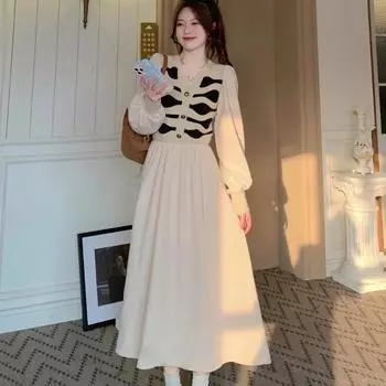 Иностранное поддельное вязаное платье-свитер из двух частей для женщин, осенне-зимняя юбка выше колена с v-образным вырезом и платье А-силуэта средней длины