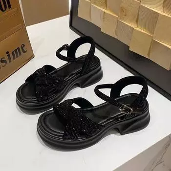 Иностранные сандалии женские 2024 новые летние стельки маффин супер мягкая толстая подошва увеличивающая рост женская обувь пляжные сандалии на выход 35 чёрный