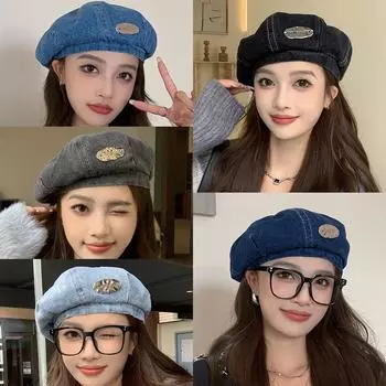 Иностранный стиль металлическая этикетка стирать джинсовый берет дети универсальный мода уменьшая возраст художник бутон шляпа M56-58cm средний синий