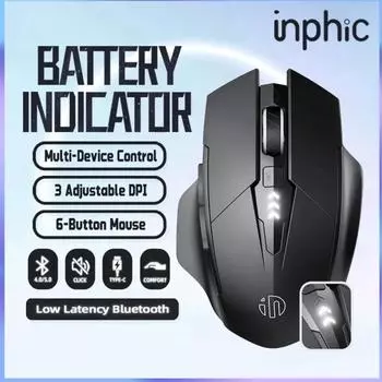 INPHIC A1 Bluetooth мышь перезаряжаемая 2.4G трехрежимная оптическая беспроводная мышь без звука 1600 точек на дюйм для Mac ноутбука ПК планшета мобильного телефона 15x10x6cm чёрный