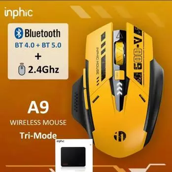 Inphic Беспроводная мышь Bluetooth A9, перезаряжаемая, 2,4 ГГц, бесшумная, с разрешением 2400 точек на дюйм, оптическая мышь для ноутбуков с бесплатным ковриком Mou Pad 20x15x7cm жёлтый