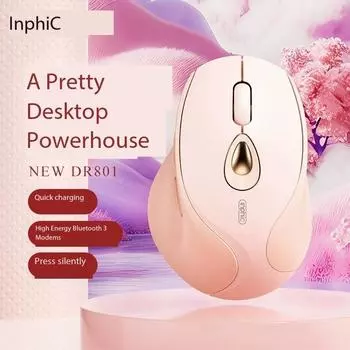 Inphic DR801 беспроводная Bluetooth трехрежимная мышь для офиса и девочек, бесшумная, перезаряжаемая, модель ноутбука, универсального компьютера 12x8x4cm розовый