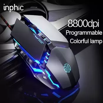 INPHIC W2 Игровая мышь Silent Click USB Оптическая проводная мышь 4800DPI Эргономичные мыши 6 программируемых кнопок RGB Дышащая светодиодная подсветка ПК 14x9x6cm чёрный