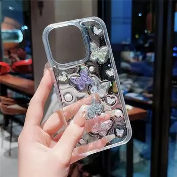 INS 3D лазерный цветной блестящий чехол для телефона с бабочкой и жемчугом для iPhone 15Pro Max 14 13 12 Pro Max противоударный мягкий прозрачный эпоксидный чехол For iPhone 12
