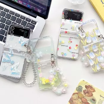 Ins Бабочка Цветок Тюльпаны Браслет Удачи 3 В 1 Шт. Жесткий Чехол Для Телефона Для Samsung Galaxy Z Flip 3 4 5g Flip4 Flip3 Крышка Капа For Samsung Z Flip 4