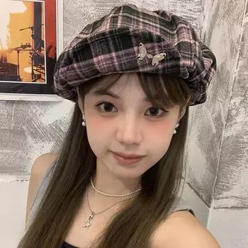 ins бабочка превратилась карниз облако берет женская летняя мода универсальный лицо маленькая клетчатая восьмиугольная шляпа прилив M56-58cm