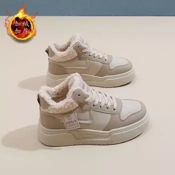 ins бархатные высокие белые туфли женские 2024 зимние корейские версии универсальные студенческие туфли для сноуборда теплая повседневная обувь женская K2705 35 хаки