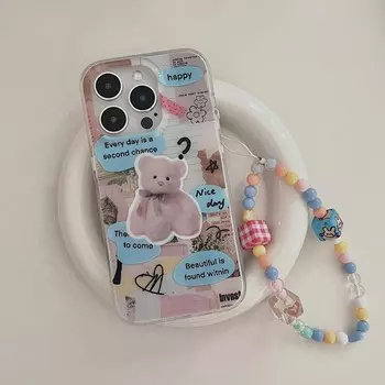 Ins Bear Imd Shell Цветочная Этикетка Для Iphone 13 12 Promax 14 Pro Max 11 Мультяшный Арт-Браслет Чехол Для Телефона Задняя Крышка For iphone 14promax