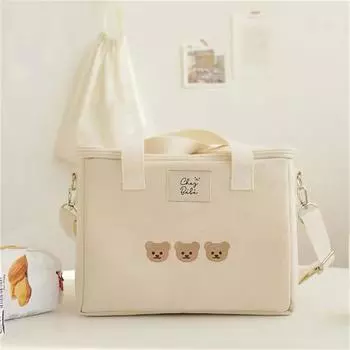 Ins Bear Сумка для обеда Холщовая большая вместительная изоляционная сумка Многофункциональная термостойкая коробка для завтрака Портативная сумка для пикника и путешествий чёрный