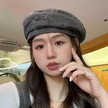 ins берет из стираного хлопка для детей в стиле ретро с медной пряжкой, старомодная универсальная шляпа для художника с маленьким карманом M56-58cm чёрный