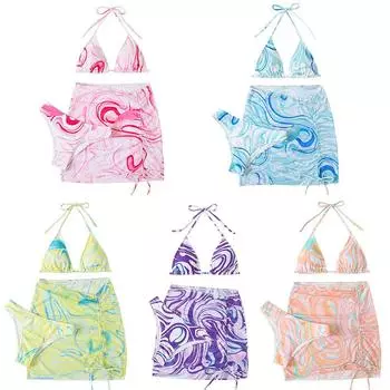 Ins Бикини Tie Dyed Купальники Трусы Юбка Бюстгальтер из трех частей Женская праздничная пляжная одежда Купальник L