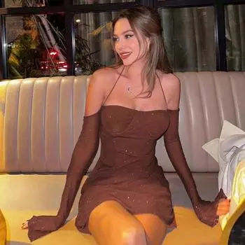 INS Блестящее летнее платье с открытыми плечами и длинными рукавами Reddish Brown S