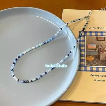 INS Blue Bloggers Same Style off-the-Shoulder Pendant Bows Contrast Color Beads