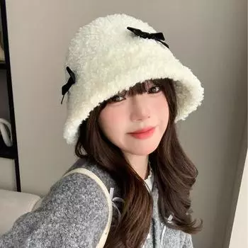 ins bow fishman hat детская новинка 2024 года осень-зима теплая защита ушей универсальная шапка-горшок из овечьей шерсти M (56-58cm) Bow Teddy Fleece Basin Cap белый