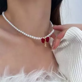 Ins Bowknot Pearl Necklace Exquisite Chain Choker Beauty Red Flocking Bow Necklace Lady/Girls red bow
