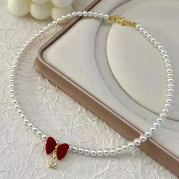 Ins Bowknot Pearl Necklace Imitation Pearl Bow Pendant Necklace Trendy Chain Choker Lady/Girls red bow