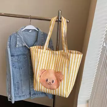 INS Butter Little Bear Canvas Tote Bag Female Large Capacity New Idle Style Leisure Commute Travel Shoulder Bag Yellow