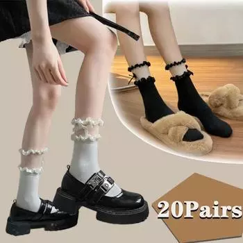 INS Черные кружевные носки тонкие с маленькими кожаными туфлями Jk носки Лолита для девочек носки средней длины с бантом для девочек однотонные кружевные носки 1Pair чёрный