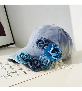 Ins Chic Denim Flower Pearl Tassel Дизайнерский стиль Леди Бейсболка Женская кепка с козырьками для отдыха head size 57cm