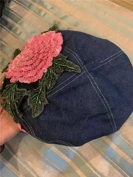 Ins Chic Design Style Весенняя джинсовая розовая с блестящими цветами из бисера Роскошный женский берет Кепка Женская шляпа художника для отдыха head size 57cm