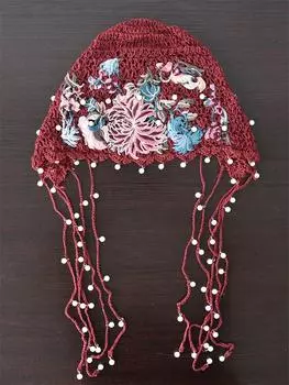 Ins Chic Fashion Pearl Tassels Retro Flower Вышивка Ручная Вязаная Крючком Шапка Женская Головной Убор Шляпа