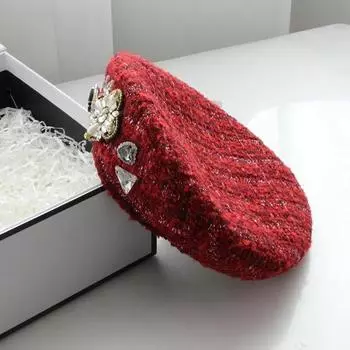 Ins Chic Retro Winter Classired Tweed Luxury Rhinestone Flowers Lady Beret Cap Womens Casual Painter Hat head size 57cm