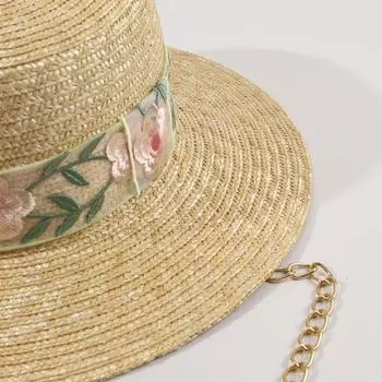 Ins Chic Summer Natural Straw кружево Цветочная вышивка Лента Золотая цепь Праздничная женская фетровая кепка Женская шляпа от солнца для отдыха head size 57cm