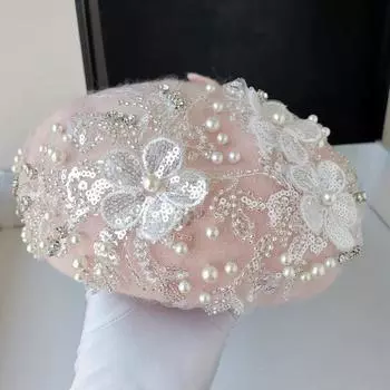 Ins Chic Зимний независимый дизайн с блестками и цветами Жемчужное кружево Розовый шерстяной женский берет Шляпа Женская кепка художника для отдыха head size 57cm