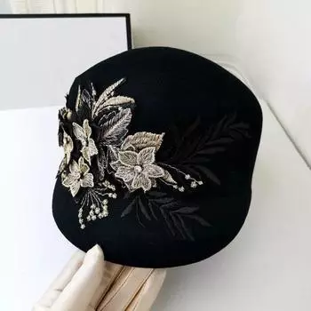 Ins Chic Зимняя Золотая Цветочная Вышивка Шерстяная Женская Конная Шапка Женская Кепка с Козырьками One Size