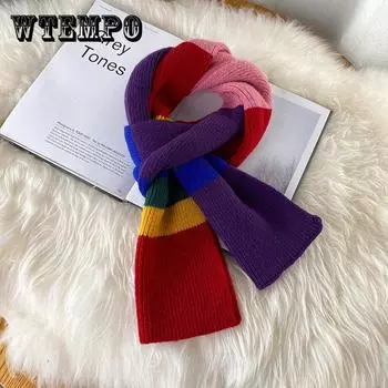 Ins Colorblock Радужный шерстяной шарф для женщин, сохраняющий тепло с длинным вязаным воротником для студентов зимой