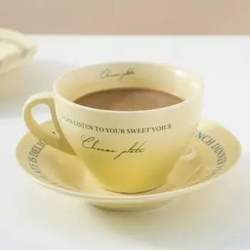 Ins Cream Retro French Letter Ceramics Coffee Cups Coffee Senior Teacup and Saucer Set Cappuccino Cup Breakfast Milk Tea Cup 200-400ml зелёный