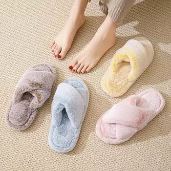 Ins Cross Belt Мягкие хлопковые тапочки для дома Европейские и американские домашние открытые мохнатые тапочки для женщин 36 темно-синий