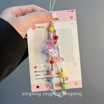 INS Cute Cartoon Bear Piggy Penguin Keychain Bag Ornaments AirPods Earphone Case Phone Chain Pink Piggy Chain