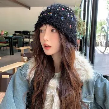 ins цветная плюшевая вязаная шапка с желейными бобами женская осенне-зимняя теплая защитная шерстяная шапка универсальная защитная шапка для лица M56-58cm чёрный