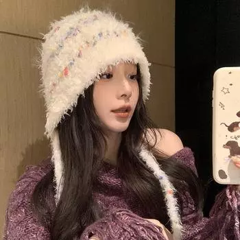 ins цветные маленькие желейные бобы, связанная вручную шляпа-ведро женская осенне-зимняя дорожная атмосфера, милая плюшевая шляпа average size (54-59cm)