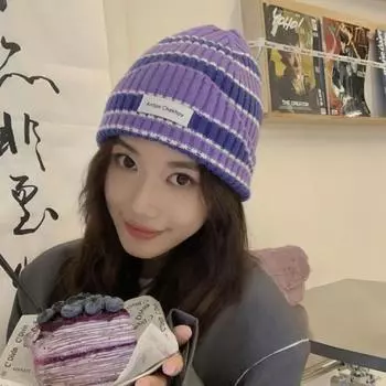 Ins цветные полосатые вязаные шапки-бини мужские осенне-зимние корейские модные универсальные повседневные теплые женские шапки-ушанки 56-58cm фиолетовый