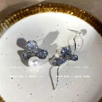 INS Цветок Жемчуг Женский Причудливый Крутой Бриллиант в Обломках Asymmetric Iris Pearl Stud Earrings