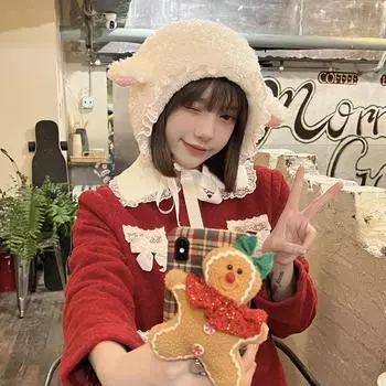 Ins Day Милая мягкая симпатичная шапка с ушками из ягненка, женская зимняя теплая бархатная шапка Lei Feng, защитная шапка из ягненка, украшение для ушей, милое M(56-58cm) белый