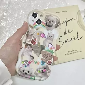 Ins Diy 3d Blingbling Crystal Relif Мультфильм Собака Ретро Кот Этикетка Чехол Для Iphone 13 14 Pro Max 12 11 Promax Imd Волнистый Чехол Для Телефона For iphone 12