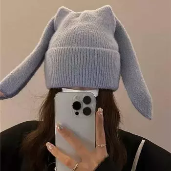 ins длинноухий кролик вязаная шапка дети согреются осенью и зимой симпатичная приятная для кожи мягкая шерстяная ворсовая шапка M56-58cm