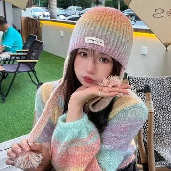 Ins Dopamine Радужные вязаные шапки для женщин Осень и зима Теплая защита ушей Мужская шапка Корейский шопинг Универсальные шапки 56-58cm синий