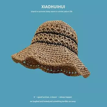 ins двойная полосатая соломенная шляпа крючком женская летняя дорожная солнцезащитная шляпа повседневная соломенная шляпа-ведро пляжная шляпа-тазик M56-58cm бежевый