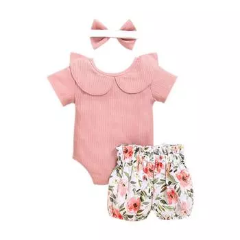 Ins Explosive Summer Baby Girl Set Милый однотонный комбинезон из двух предметов с бантом и брюками с цветочным принтом 70