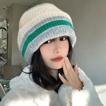 Ins Fashion Контрастные полосатые вязаные шапки для женщин и мужчин Осень и зима Пара Простые теплые пуловеры шапки-бини 56-58cm