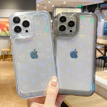 Ins Fashion Laser Love Heart Case для Iphone 13 12 11 Pro Max Xr X Xs 7 8plus яркий цвет противоударный HD прозрачный акриловый жесткий чехол For iPhone SE2020