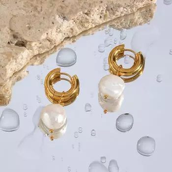 ins fashion niche light luxury court titanium steel plated 18K gold natural freshwater pearl pendant earrings women