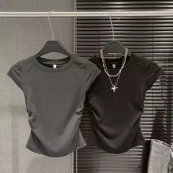 INS Fashion Sexy Pleated Nipped Waist T-Shirt Short Sleeve Summer New Design Sense Silm Easiest for Match Shoulder Short Tops J8374 dark gray XL